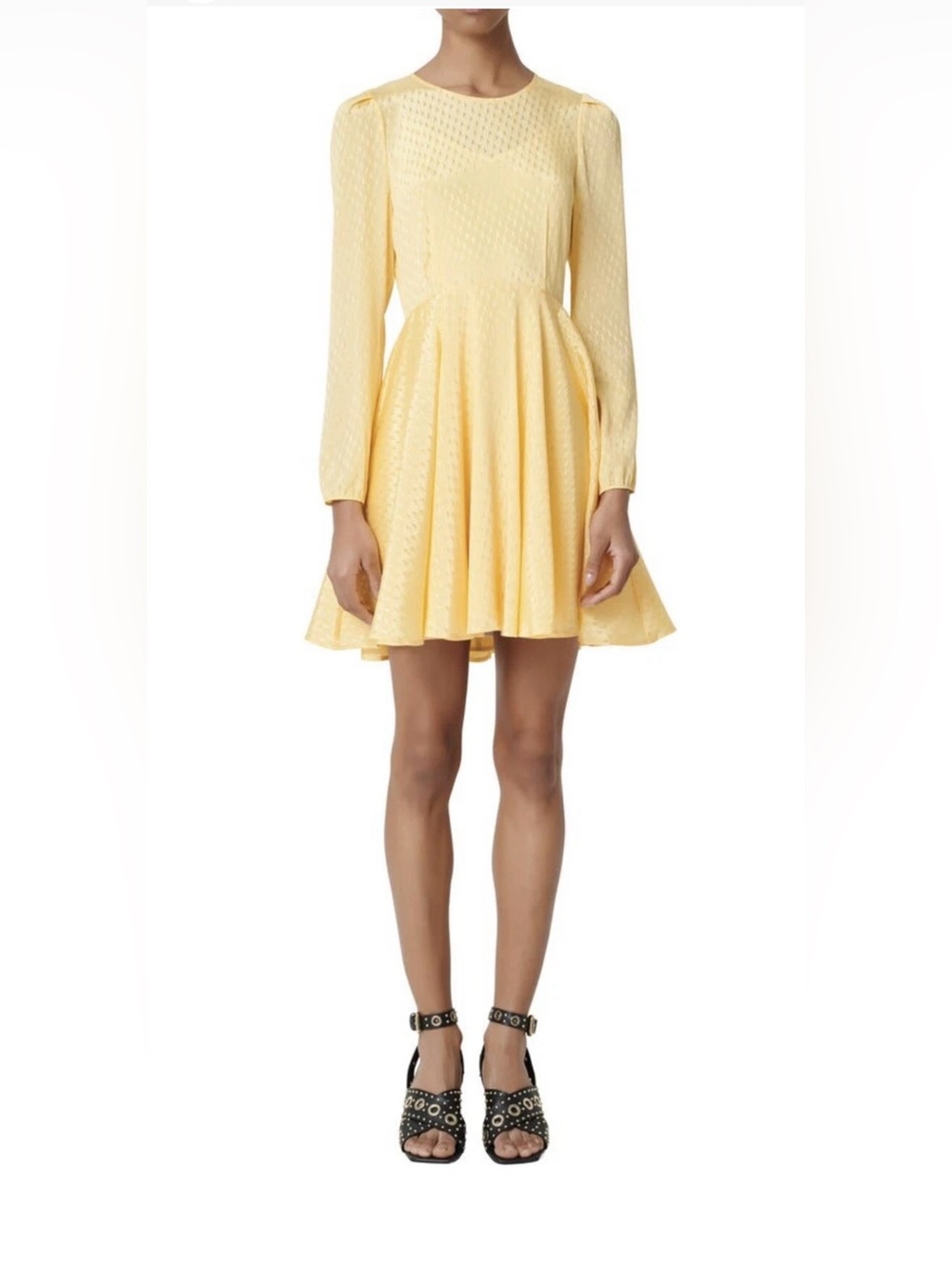 Maje Pale Yellow Textured Fit-and-Flare Long Sleeve Dress
